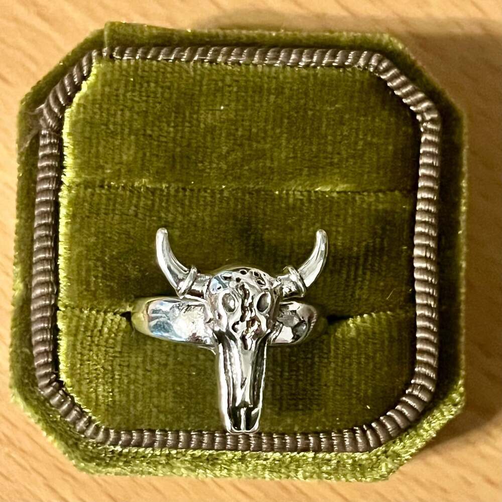 Bull Skull Ring Silver Longhorn Titanium Steel Silver Ring Size 6